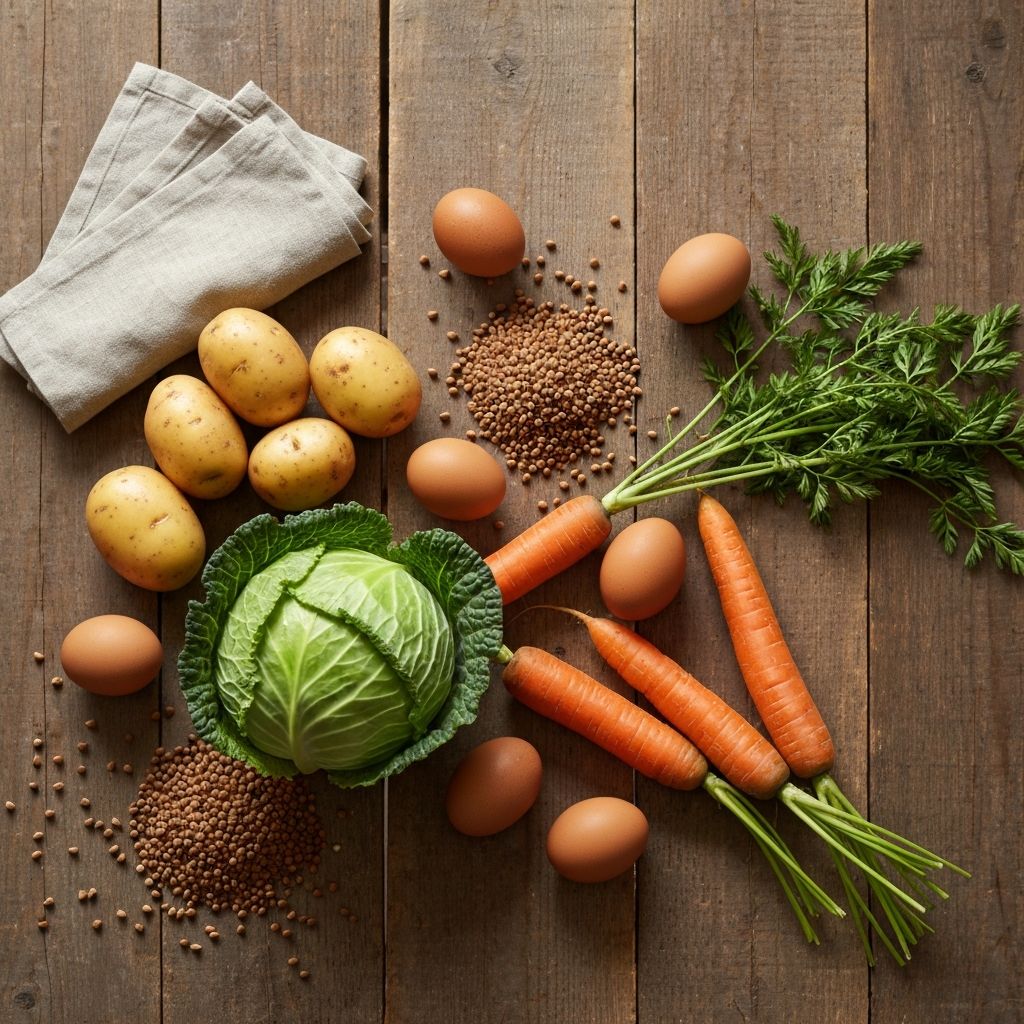 Simple everyday food ingredients on wooden table